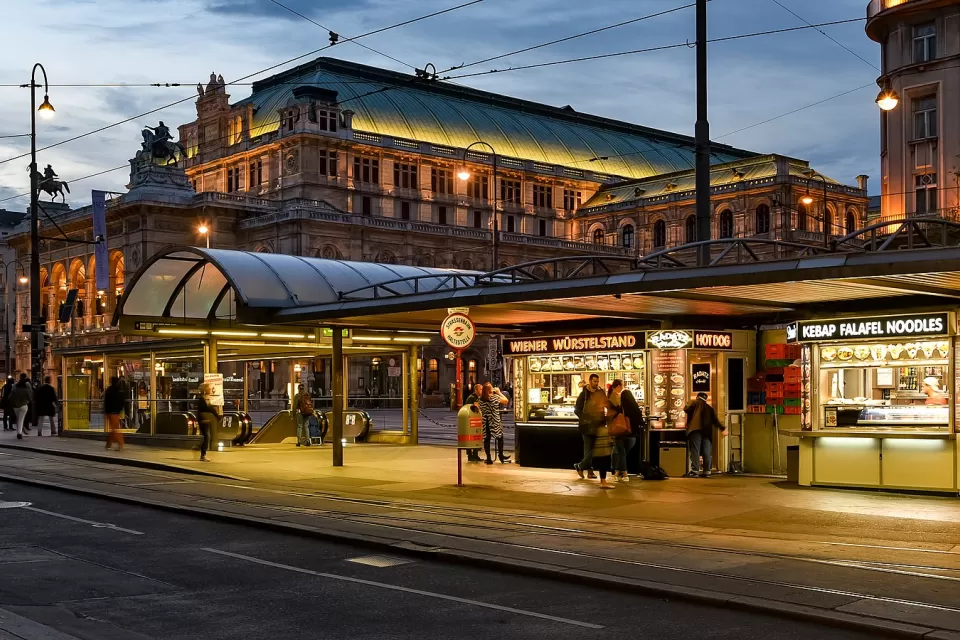 Nighttime view of subway station in Vienna, Austria